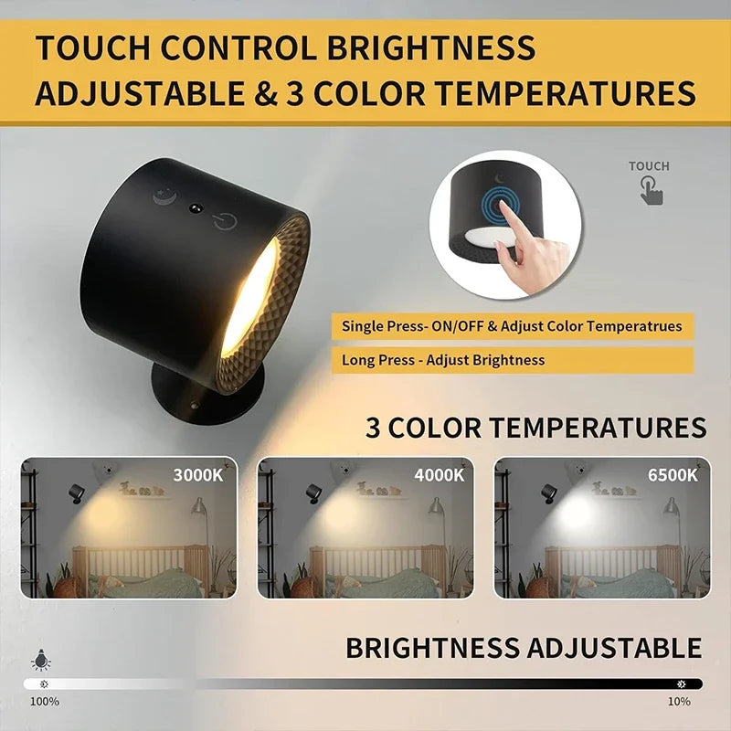Luminária de Parede LED Dupla com Controle Remoto e Toque, Rotação 360°, Recarregável, Portátil, Design Moderno para Quarto, Sala e Leitura